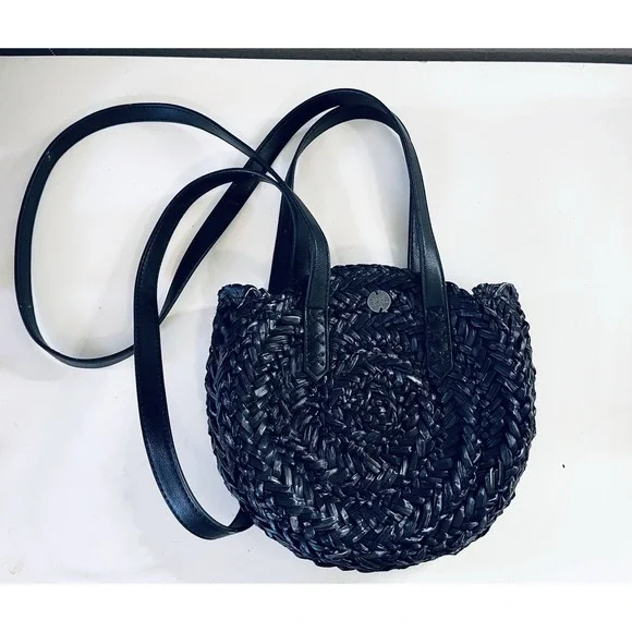 Billabong Braided Woven Circle Lined Bag Black Natural Beach Boho Hippy - Picture 4 of 5